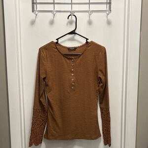 Elegant Brown Button Down Shirt with Lace Sleeves